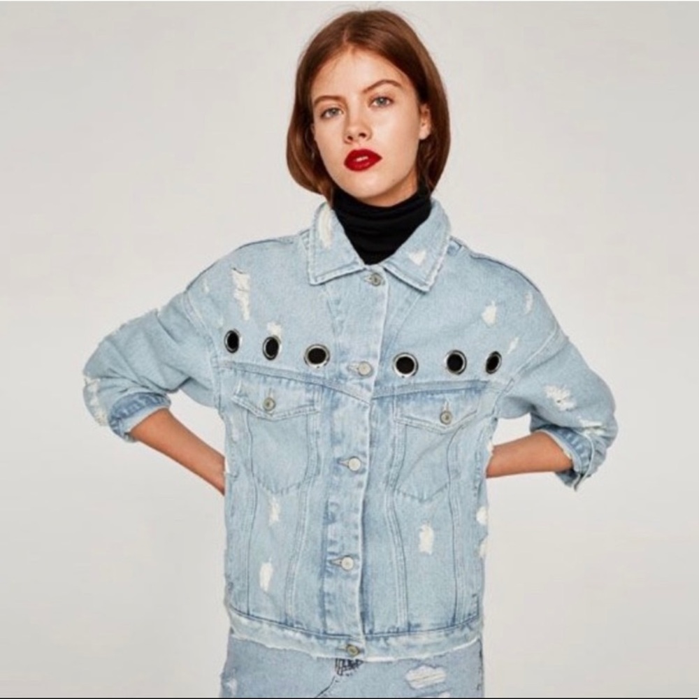Zara Distressed Denim Jacket with Silver Metal Eyelets